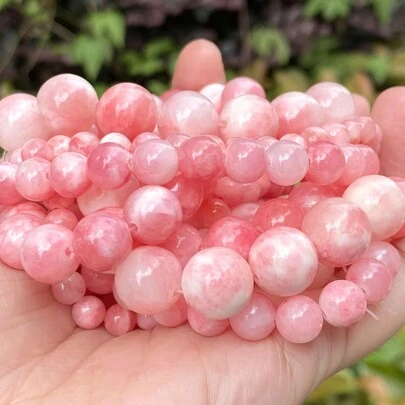 6/8/10/12mm Natural Stone Pink White  Jades Round Spacer Loose Beads For Jewelry Making DIY Bracelets Accessories 15''