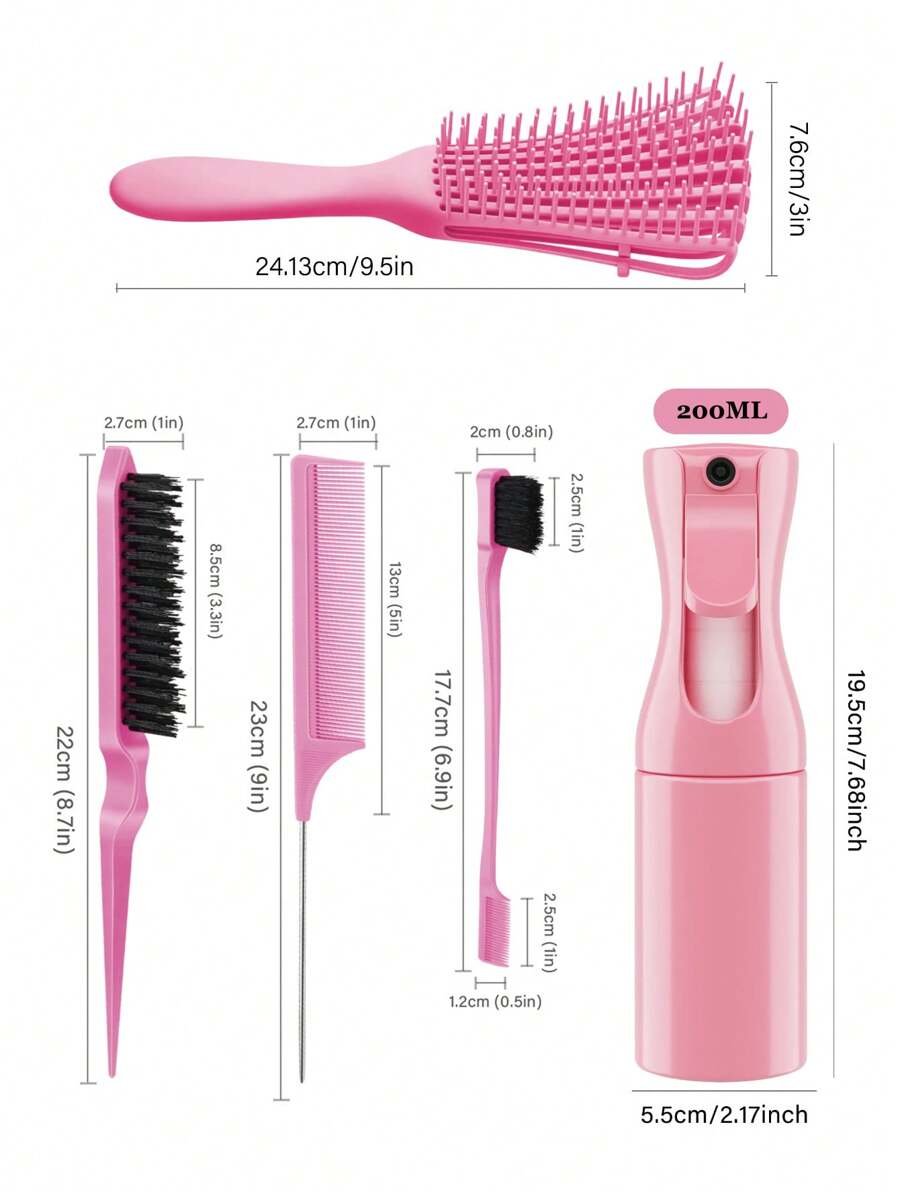 5 件套带发型梳的发刷套装，带 200 毫升喷雾瓶，适合女性、男性和儿童卷发的顺发刷，发刷套装，带顺发刷、梳理发刷、鼠尾梳、边缘刷，洗头日更轻松、更快速地梳理头发