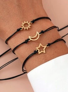 Goodwaro 3pcs Creative Metal Sun, Moon, Star Friendship Bracelets With Handmade Braided Ropes. Suitable For Women For Daily Wear, And Packaged With A Card, Good For Gifting - Black - View 9