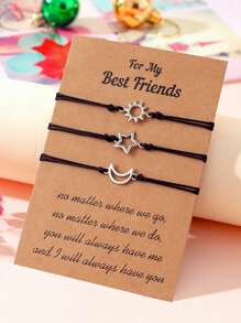 Goodwaro 3pcs Creative Metal Sun, Moon, Star Friendship Bracelets With Handmade Braided Ropes. Suitable For Women For Daily Wear, And Packaged With A Card, Good For Gifting - Black - View 7