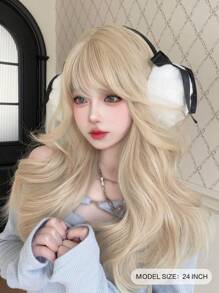 alicegarden 1 Piece Synthetic Heat-Resistant,Long Natural Wave Gold Wigs, With Bangs 24 Inches Long, Made From Fiber, Suitable For Daily Use, Natural And Realistic False Hairpiece (Excluding Accessories)