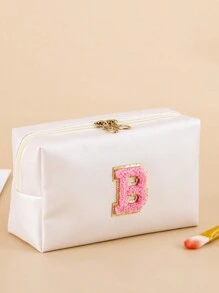 1个防水PU学院风贴布旅行化妆包收纳袋可爱化妆盒拉链袋带毛绒字母A B C N S T K F I 女士款 - 米色 - 查看 13