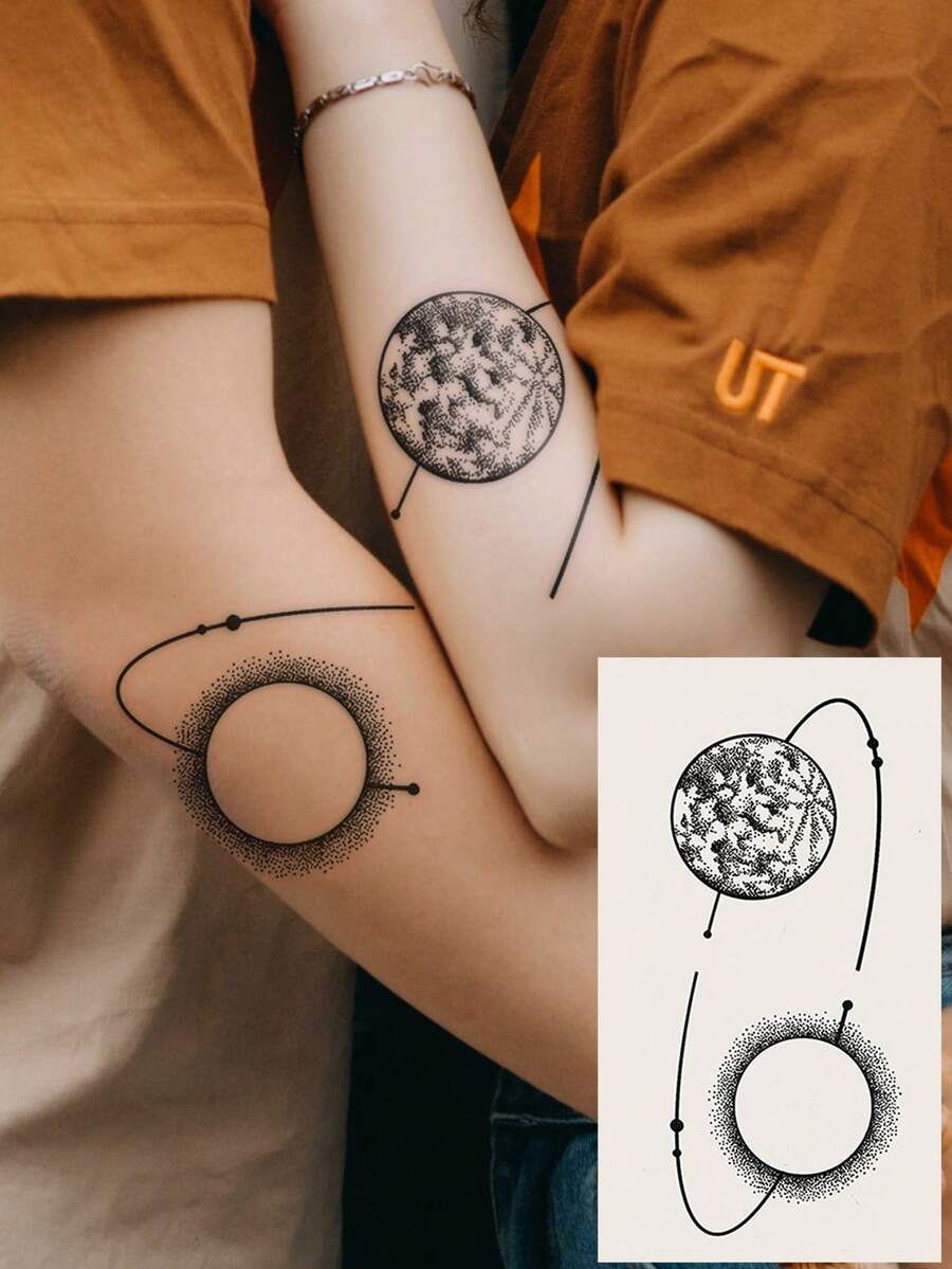 STARTTOOS 1pc Temporary Black Abstract Planet Circular-Design Tattoo Sticker For Arm, Chest, Abdomen, Back, Body