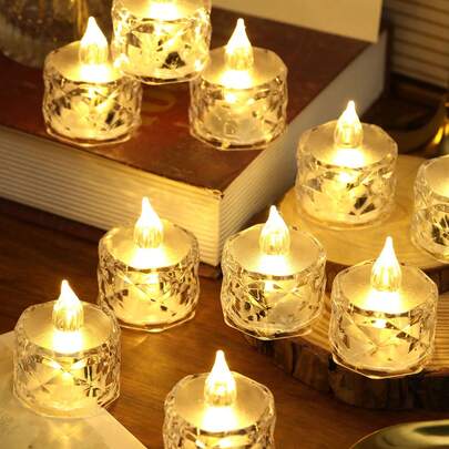 2/3/5/12/24个亚克力水晶图案LED电子蜡烛灯（含电池），玫瑰图案投影茶蜡烛灯，无焰蜡烛灯，适用于婚礼、情人节、节日、家居装饰、圣诞餐桌装饰