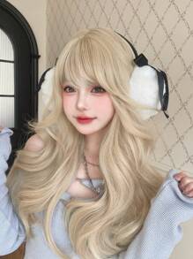 alicegarden 1 Piece Synthetic Heat-Resistant,Long Natural Wave Gold Wigs, With Bangs 24 Inches Long, Made From Fiber, Suitable For Daily Use, Natural And Realistic False Hairpiece (Excluding Accessories)
