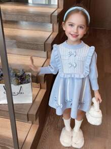 1pc Girl Casual Colorblock Striped Bow Decor Sweater Dress - Blue - View 2