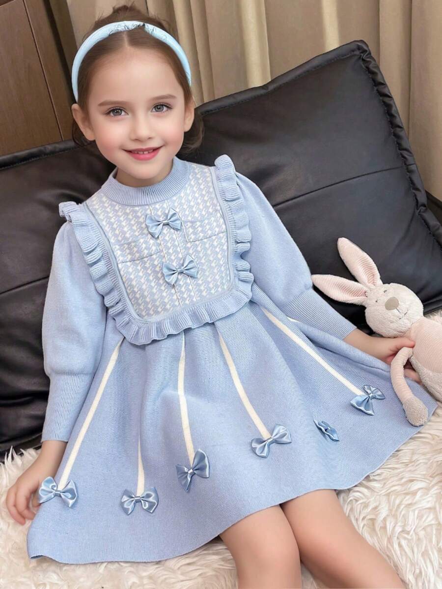 1pc Girl Casual Colorblock Striped Bow Decor Sweater Dress - Blue - View 1