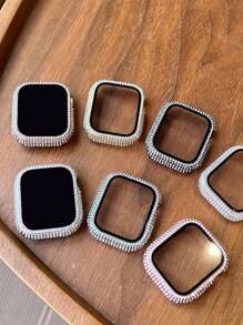 1个男女通用粉色时尚闪亮水晶钻石装饰二合一防摔超薄钢化玻璃保护壳，兼容 38/40/41/42/44/45/46mm，兼容 SE系列11/10/9/8/7/6/5/4/3/2/1，智能手表保护壳配件 - 粉色 - 查看 5