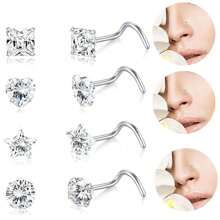 4pcs Mini Nose Rings, Star, Heart, Round, Square Shapes Embedded With White Zirconia, Simple & Elegant Design, Non-Magnetic, Suitable For Nose Bone And Septum Piercing, Multi-Purpose Accessories Suitable For Daily, Party Wear And Valentine's Day Gift, All Season