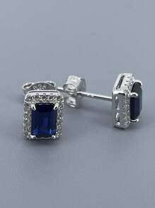 S925 Silver Cultured Blue Sapphire Earrings - Royal Blue - View 2