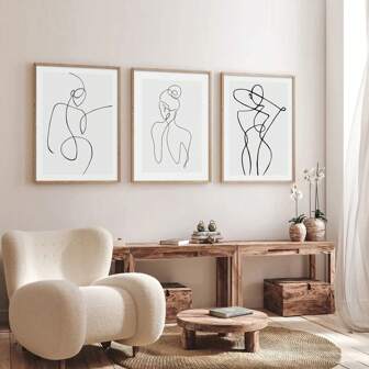 3er-Set Wandkunstbilder mit Frauenlinienzeichnung, minimalistische Leinwanddrucke mit einer Linie, Poster moderner Körperlinien-Dekor für Schlafzimmer, Wohnzimmer oder Büro ohne Rahmen