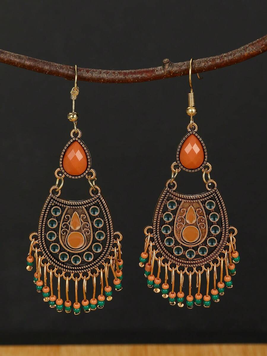 1 Par De Brincos De Borla Com Miçangas Vintage Boêmio Ocidental Da Moda Para Mulheres, Ideal Para Enfeites De Festival E Vestir Diário