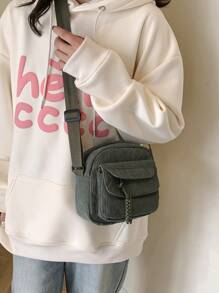 1pc Solid Color Mini Corduroy Shoulder Bag With Multiple Pockets, Zipper, Fashionable And Versatile For Women's Daily Commutes And Casual Wear