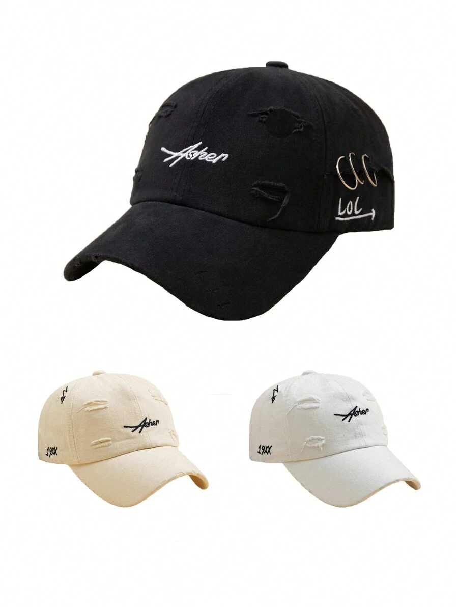 1件女性單色刺繡字母和圓形細節時尚削磨洗滌棒球帽,適用於日常穿搭 - 黑色 - 查看 1