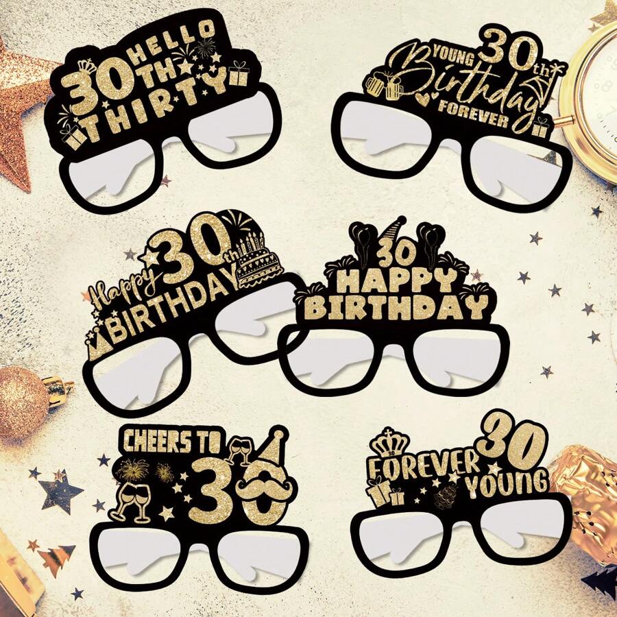 6PCS 30th Years Old Birthday Party Paper Black And Gold Glasses, Birthday Party Decoration And Photograph Prop, Happy Birthday,Christmas