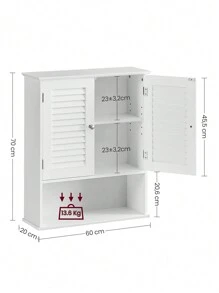 VASAGLE Armadietto da Muro, Mobiletto per Bagno da Parete, Mobile da Bagno con Ripiano Regolabile, 2 a Persiana e Scomparto Aperto, 20 x 60 x 70 cm,Blanco/Gris Místico - Blanco - Ver 6