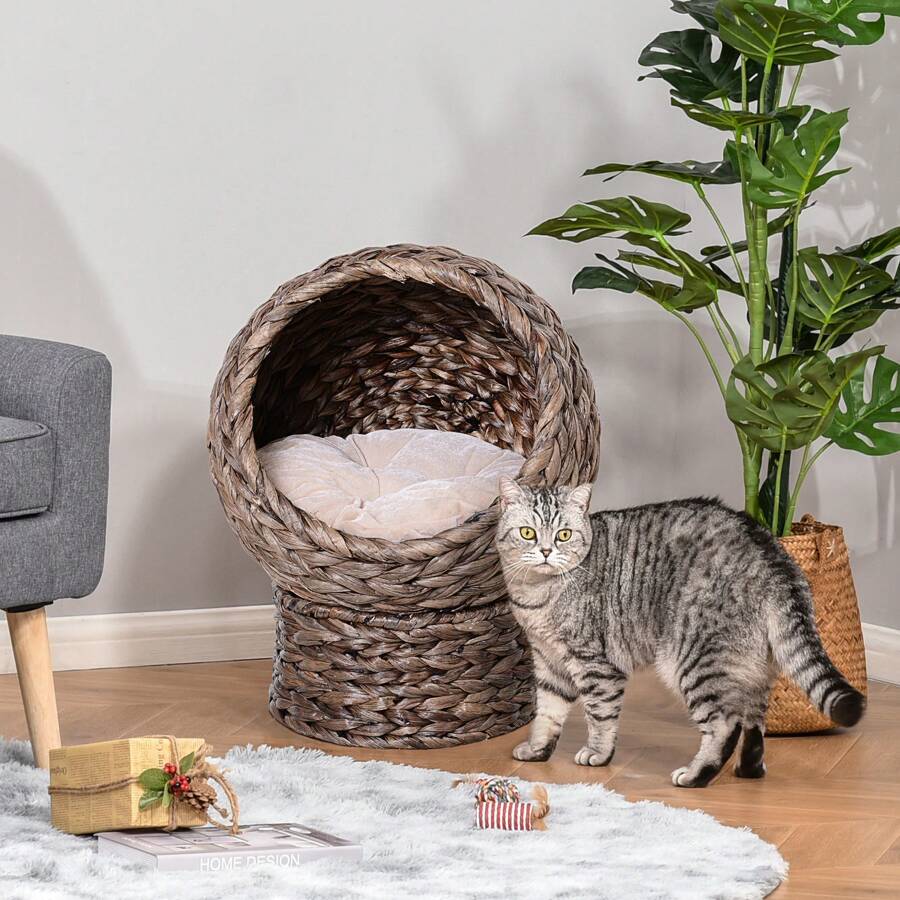 PawHut Rattan Katzenkorb Katzenhöhle Katzenhütte Katzenbett mit Kissen Haustierbett Wasserhyazinthe - Kastanienbraun - Übersicht 1