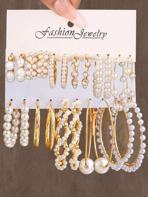 10/12 Stücke Modisch Vintage Elegante Geflochtene Künstliche Perle Creolen Set, Stylisches Design, Geeignet für Feiertage, Party, Date, Geschenk, Alltag