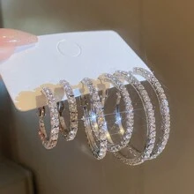 6 件时尚精致全水钻方晶锆石闪亮闪亮超大环形耳环套装，适合节日、派对、约会、礼物和日常佩戴 - 6件 - 查看 6