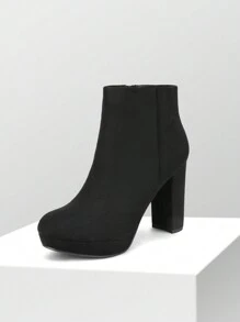Women Fashionable Side Zipper Round Toe Block Chunky High Heel Suede Ankle Boots Effortlessly Pairing With A Range Of Outfits - 黑色 - 查看 4