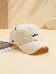 1件女性單色刺繡字母和圓形細節時尚削磨洗滌棒球帽,適用於日常穿搭 - 黑色 - 查看 14