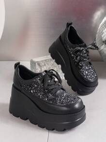 女士春季閃亮系帶防水平底黑色舒適高跟鞋 - 黑色 - 查看 4