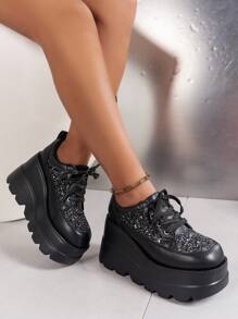 女士春季閃亮系帶防水平底黑色舒適高跟鞋 - 黑色 - 查看 1