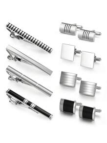 4 Juegos de Gemelos y Clip de Corbata de Material de Latón con Esmalte Pulido y Cepillado en Negro Clásico y Plateado, Viene con Caja de Regalo, Accesorio de Moda Masculina para Atuendo de Negocios, Regalo para Esposo, Combinación para Fiesta