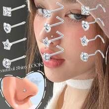 4pcs Mini Nose Rings, Star, Heart, Round, Square Shapes Embedded With White Zirconia, Simple & Elegant Design, Non-Magnetic, Suitable For Nose Bone And Septum Piercing, Multi-Purpose Accessories Suitable For Daily, Party Wear And Valentine's Day Gift, All Season