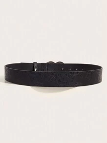 1pc Unisex Vintage Buckle Printed PU Leather Belt, Fashion Versatile For Everyday Wear Summer, School Fall, Autumn, Halloween - Black - View 3