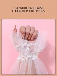 klimonla 1pc White Pearl Netted Nail Art Decoration & Fake Sleeves For Photography & Displaying Nail Art, Lace Trimmed Short And Elegant Sleeve Covers, Mesh Gloves, Ins Style Nail Art Props, Sheer Mesh Photographing Tools, European-Style Organdy Lotus-Leaved Sleeves For Shooting Nail Art Salon Works, Ruched Chiffon Fake Sleeves, Japanese-Style Lace Ornaments - White - View 3