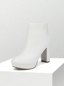 Women Fashionable Side Zipper Round Toe Block Chunky High Heel Suede Ankle Boots Effortlessly Pairing With A Range Of Outfits - TRẮNG/PU - Xem 4