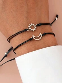 Goodwaro 2 piezas Pulseras de pareja hechas a mano de metal con diseño creativo de sol y luna, adecuadas para novias, amigas y hermanas, viene con empaque de tarjeta, apropiadas para uso diario de mujer