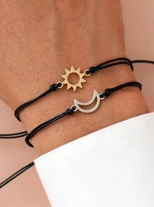 Goodwaro 2 piezas Pulseras de pareja hechas a mano de metal con diseño creativo de sol y luna, adecuadas para novias, amigas y hermanas, viene con empaque de tarjeta, apropiadas para uso diario de mujer