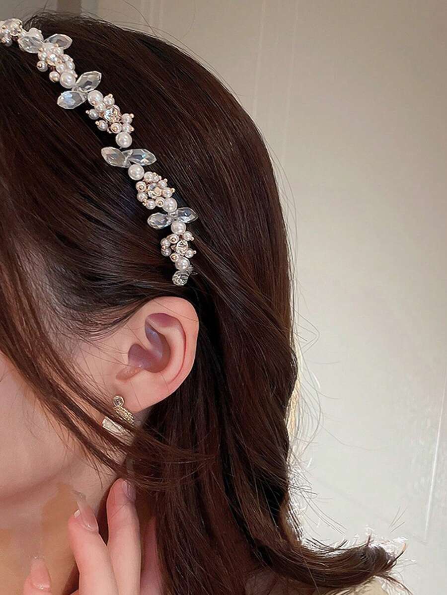Elegant 1pc Faux Pearl & Rhinestone Embellished Alloy Wave Design Sweet Hairband,Hairband,Hair Hoop Headbands Hair Accessories Head Accessories - White - View 1