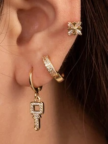 1pc Simple & Fashionable Copper Key Shaped Pendant With , Circular Earring Hoop & Stainless Steel Cross Stud Earring For Cartilage Piercing - Yellow Gold - View 5