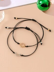 Goodwaro 2 piezas Pulseras de pareja hechas a mano de metal con diseño creativo de sol y luna, adecuadas para novias, amigas y hermanas, viene con empaque de tarjeta, apropiadas para uso diario de mujer