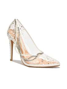 Women's Clear Pointed Toe High Heels – Pearl And Rhinestone Embellished Stiletto Pump - 白色 - 查看 3