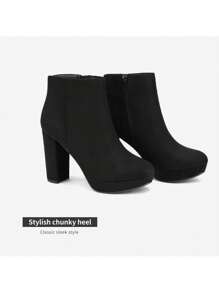 Women Fashionable Side Zipper Round Toe Block Chunky High Heel Suede Ankle Boots Effortlessly Pairing With A Range Of Outfits - 黑色 - 查看 5