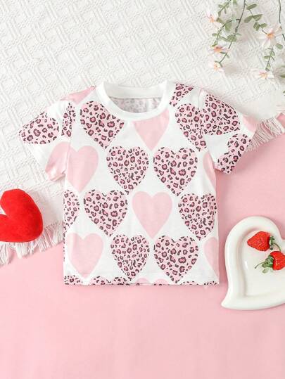 1pc Girls Outdoor Casual Cool Summer Wear Heart Print Short Sleeve Round Neck Thin Tee Shirt, Celebration For Valentine's Day Holiday