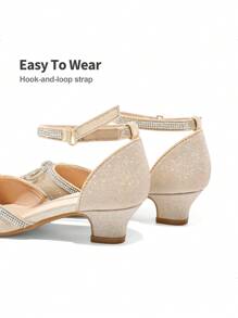 Girls Dress Shoes Pumps Bow Rhinestones Low Heels Flower Party Wedding Princess - Gold - View 8