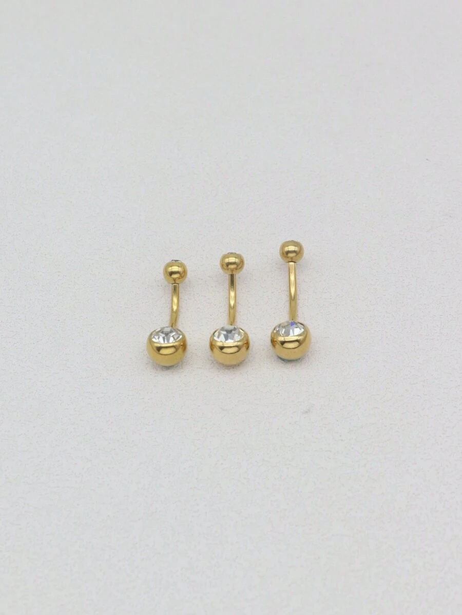 HENGKE 1pc Stainless Steel Double-Ended Rhinestone Belly Button Ring - Yellow Gold - View 1
