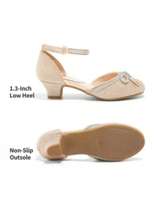 Girls Dress Shoes Pumps Bow Rhinestones Low Heels Flower Party Wedding Princess - Gold - View 7