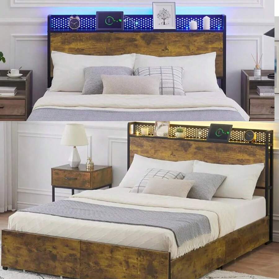 Metal Bed Frame With LED Lights Headboard And 6 Drawers, Platform Bed