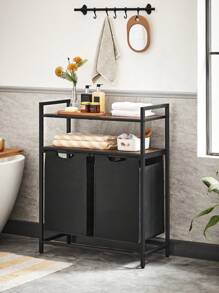 Cesto para Ropa Sucia, Cesta Colada con 2 Bolsas Extraíbles, 2 Estantes, Bolsa Extraíble y Desmontable, 46 L por Bolsa, para Baño, Lavandería, Marrón Rústico y Negro - Negro - Ver 2