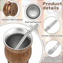 3入組8盎司不銹鋼耶巴瑪特杯套裝，附有吸管和清潔刷， 呈葫蘆形狀的保溫杯具有雙層和真空密封，包括不鏽鋼吸管和刷子 - 木紋 - 查看 3