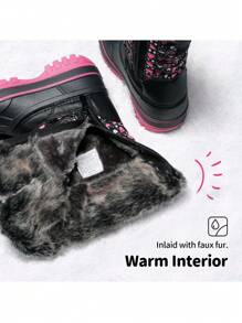 Kids Snow Boots, Waterproof Insulated Mid Calf Winter Boots With Black Faux Fur Lining For Boys And Girls - 玫紅色 - 查看 8