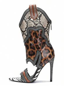 Nanaye-2 Women's Western Cowboy Rhinestone Trim Open Toe High Heels - màu nâu - Xem 6