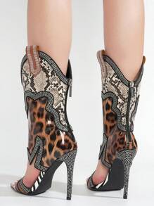 Nanaye-2 Women's Western Cowboy Rhinestone Trim Open Toe High Heels - màu nâu - Xem 5
