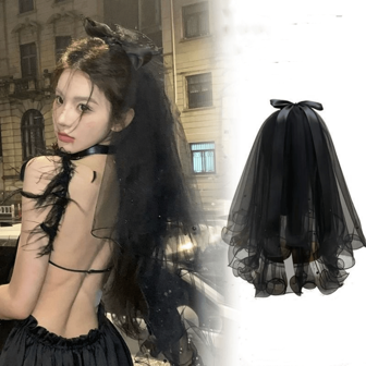 1pc Women's Black Short Bridal Veil With Hair Clip, Comb, Double Tiers, Scalloped Edges, Beaded Bow & Streamers, Photography Prop, Wedding Accessory, Costume, Vintage Minimalist Style, Decoration For Festivals Elegant Street Valentines